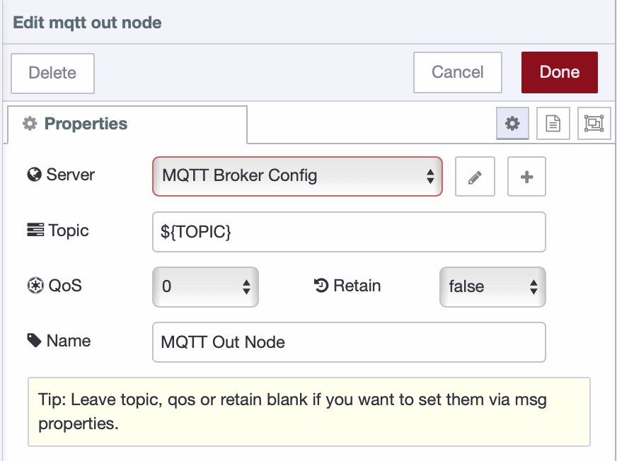 Configuring the MQTT topic in Node-RED using environment variables.